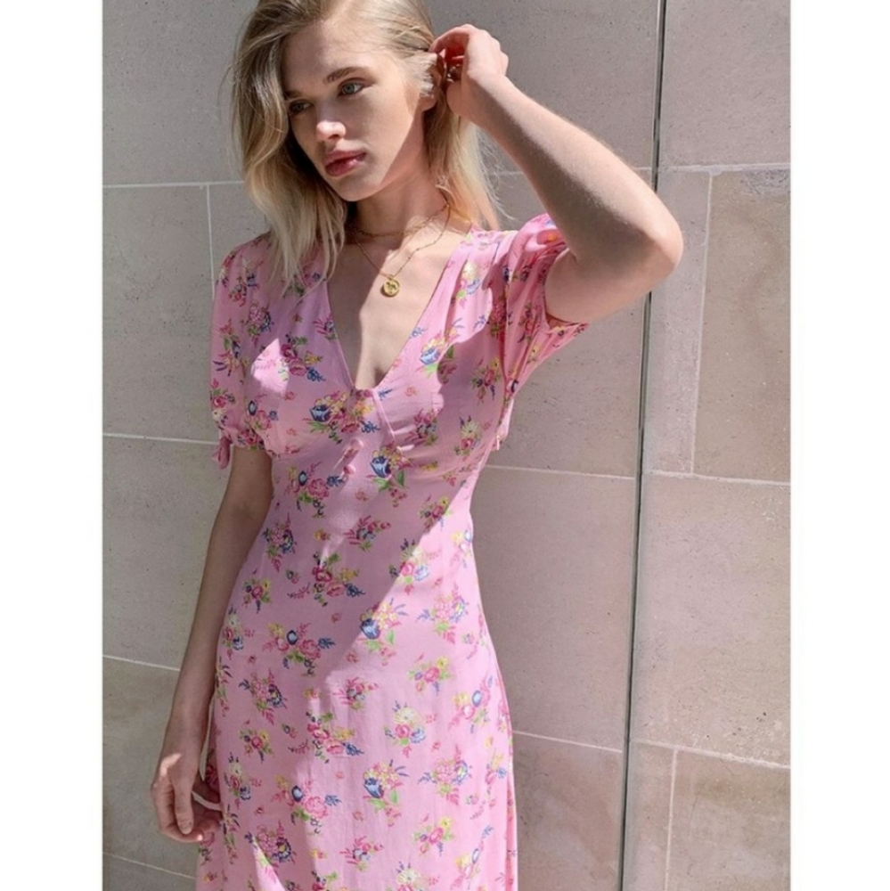 Faithfull the Brand - Daija Pink Floral Tie Sleeve Maxi Dress